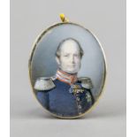 Oval miniature, 19th century, polychrome tempera painting on bone, unopened. Frederick William IV,