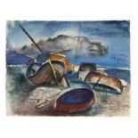 Unknown artist 2nd half 20th century, Fishing boats on the Baltic Sea beach, ink and watercolor on