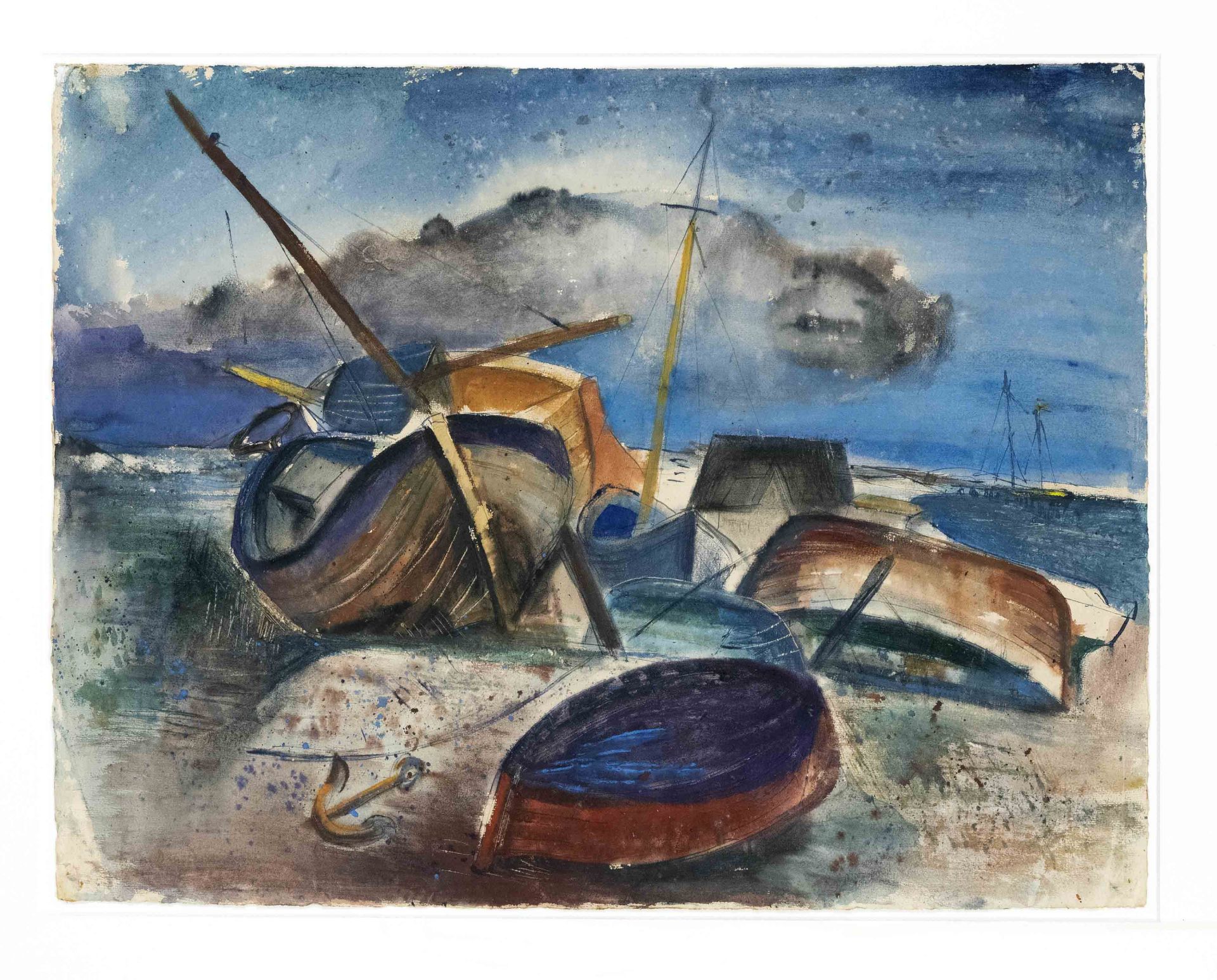 Unknown artist 2nd half 20th century, Fishing boats on the Baltic Sea beach, ink and watercolor on