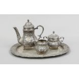 A three-piece mocha pot on an oval tray, German, 20th century, silver 800/000, partly gilt interior,