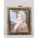 Rectangular miniature, 19th century, polychrome tempera painting on bone plate. Young woman in