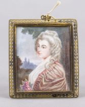 Rectangular miniature, 19th century, polychrome tempera painting on bone plate. Young woman in