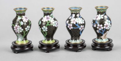 Cloisonné assortment of 4 vases, China, brass body with delicate enameled decoration of blossoming