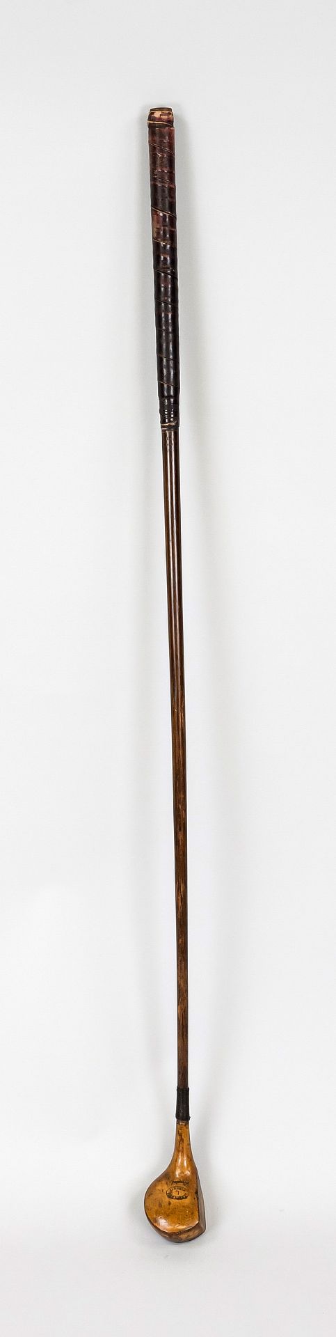 Historic golf club, Scotland late 19th century, wood, metal, leather. Signed/inscribed as a