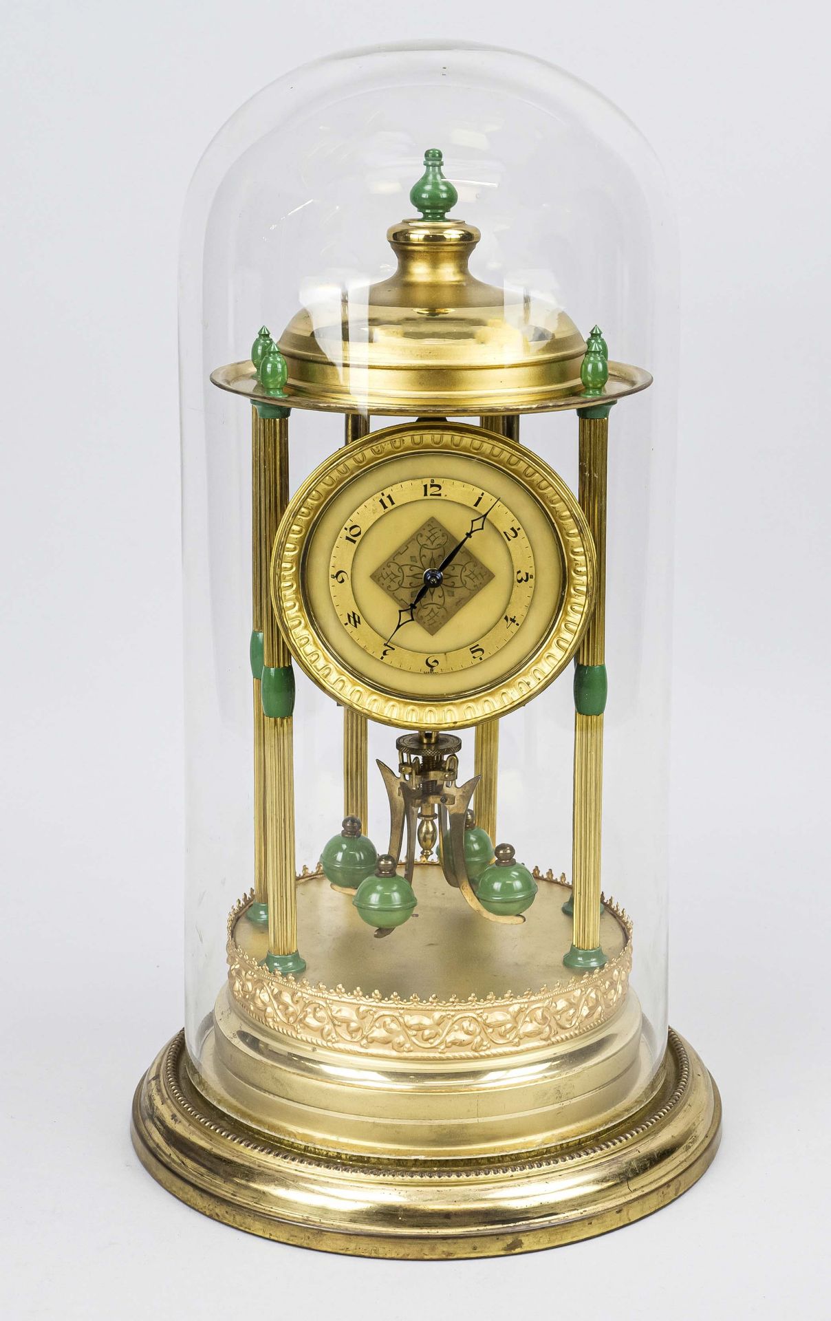 Revolving pendulum clock, annual, 1st half 20th century, in temple form, gilt, polished matt