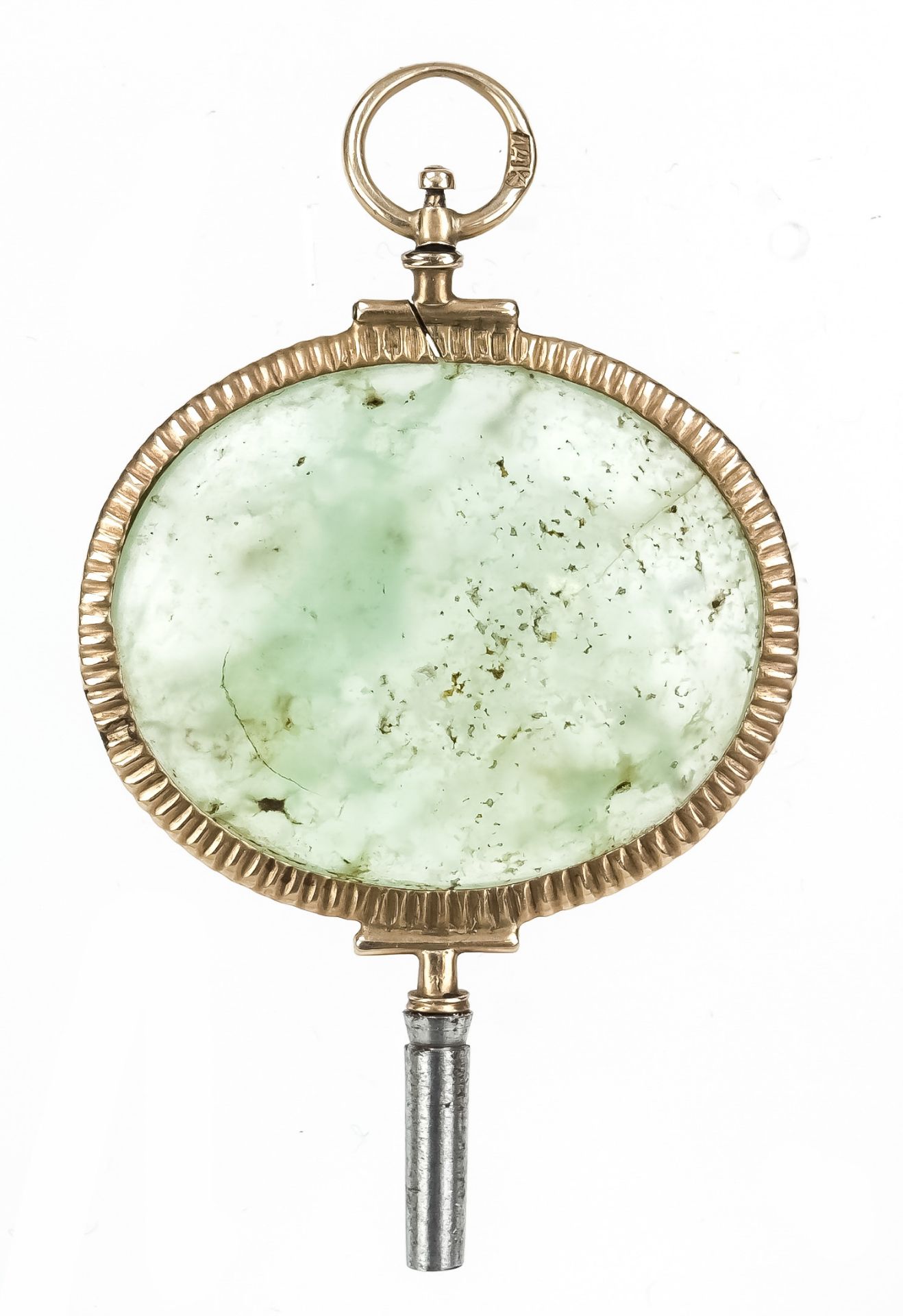 antique pocket watch key, 19th century, with jade, set in GG 585/000, length approx. 5cm, total