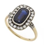 Sapphire and diamond ring, GG/WG 750/000, with a good antique-cut faceted sapphire 2.85 ct in a dark