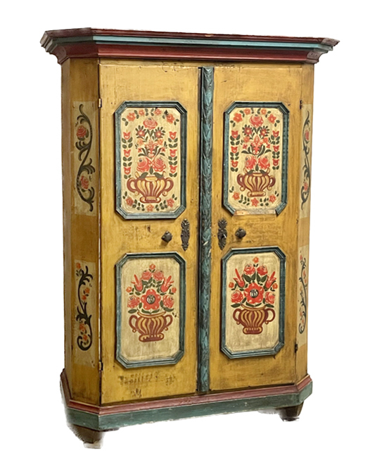 Baroque peasant cabinet, 18th century, softwood, polychrome painted, rectangular 2-door body with