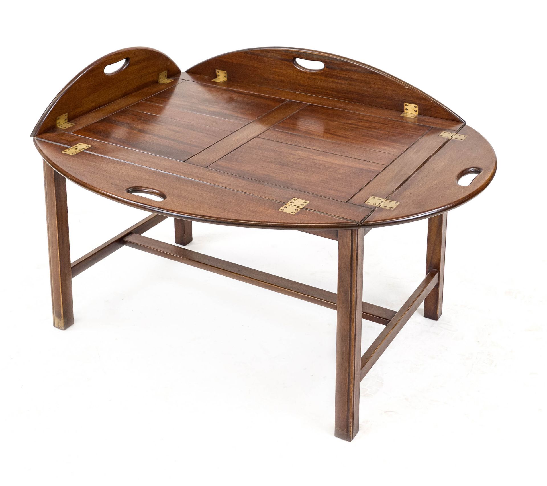 English tray table, 20th century, mahogany, large removable tray with hinged sides, 55 / 70 x 92 /