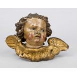 Angel's head or putti head, 19th century, carved wood and painted, gilded wing wreath, suspension on