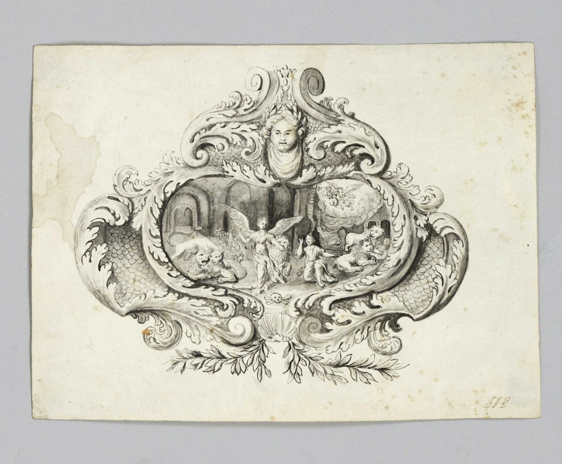 German School 17th/early 18th century, Study of an elaborately ornamented cartouche depicting Daniel