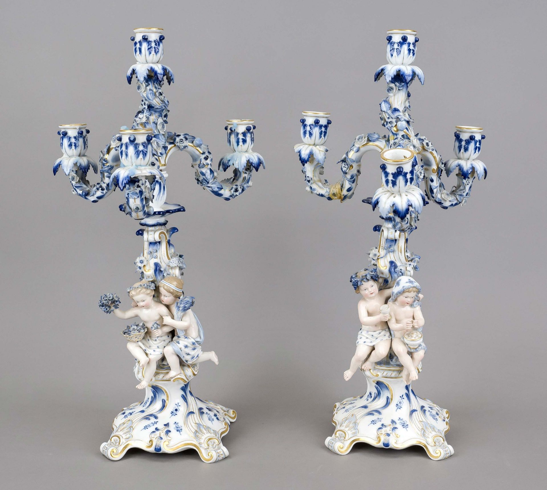 A pair of figural candlesticks, Meissen, Knauff Schwerter, mark 1850-1924, 1st choice, designed by