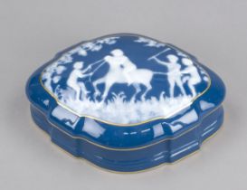 Lidded box, Limoges, France, 20th century, oval curved shape, putti playing on the lid, taming a