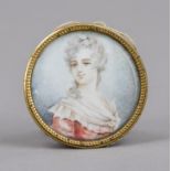 Small round miniature, 19th century, polychrome tempera painting on bone plate. Young woman in a