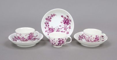 Three cups with saucer, 18th century, Ludwigsburg or Wegely, hemispherical form with eared handle,