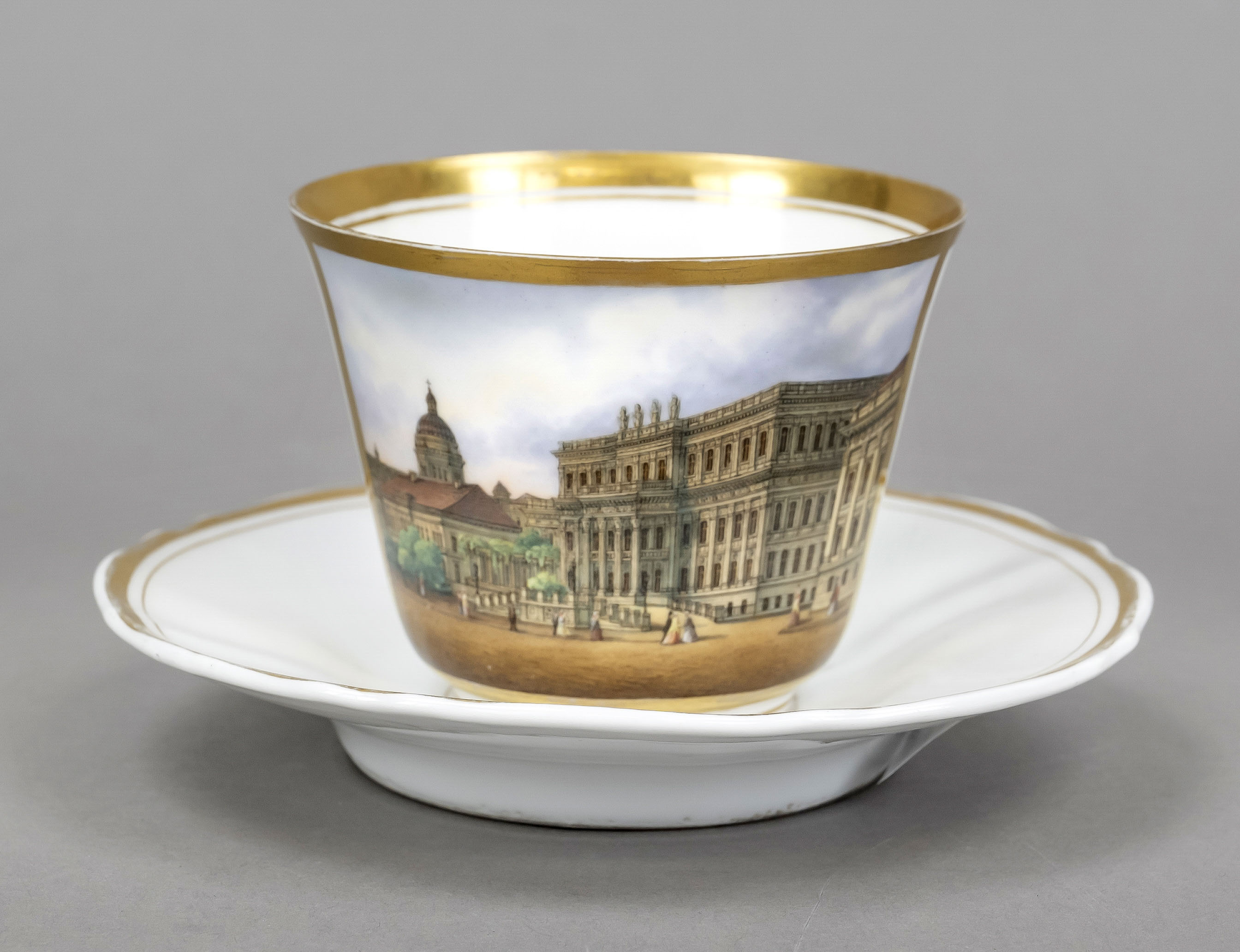 View cup with saucer, late 19th century, large cup with polychrome painting, view of