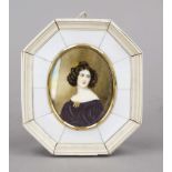 Miniature, 19th century, polychrome tempera painting on bone plate, unopened, oval bust portrait