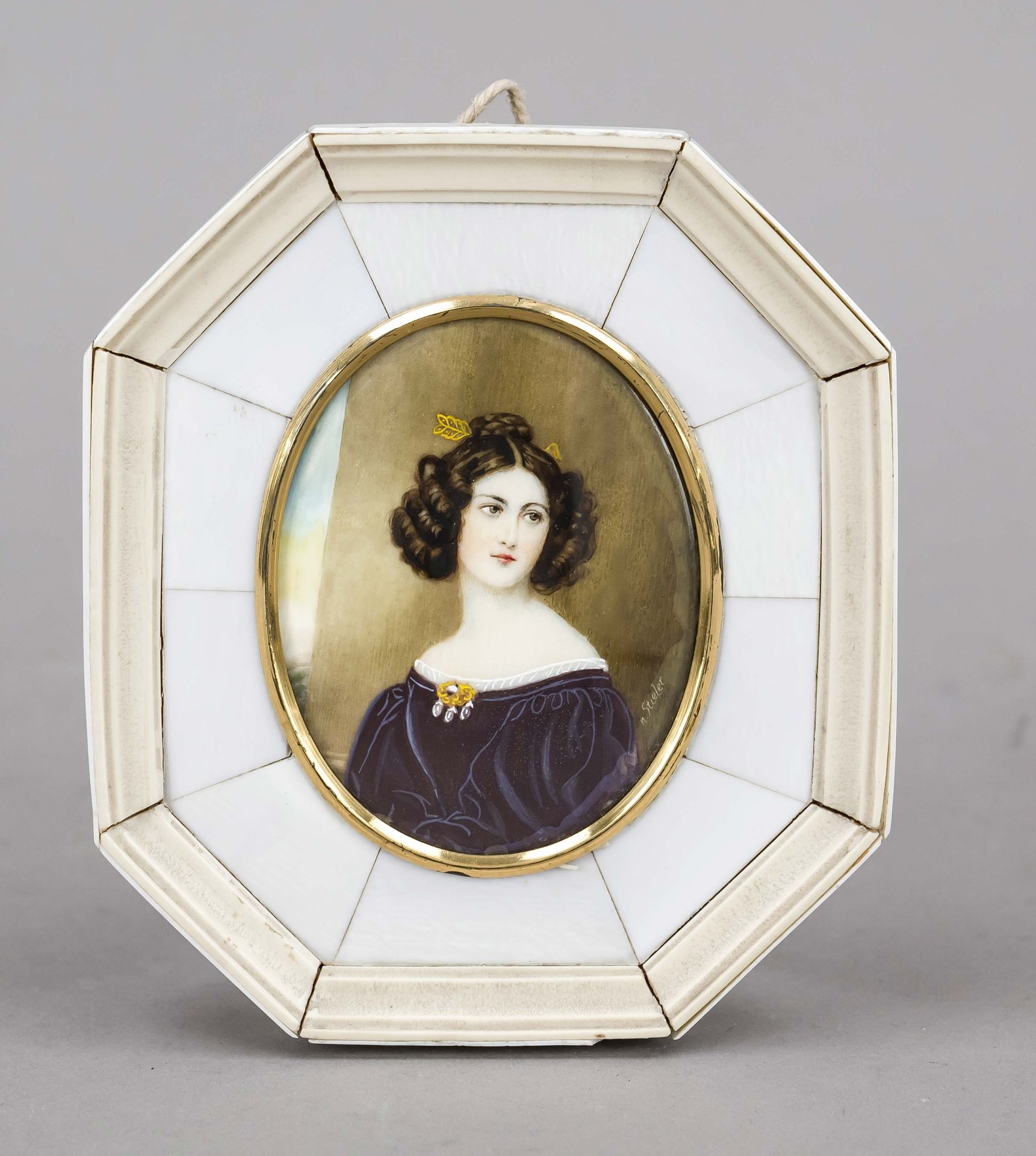 Miniature, 19th century, polychrome tempera painting on bone plate, unopened, oval bust portrait