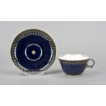 Cup and saucer, Sevres, France, 1873, decal mark 1975, round handle with grooves, cobalt blue