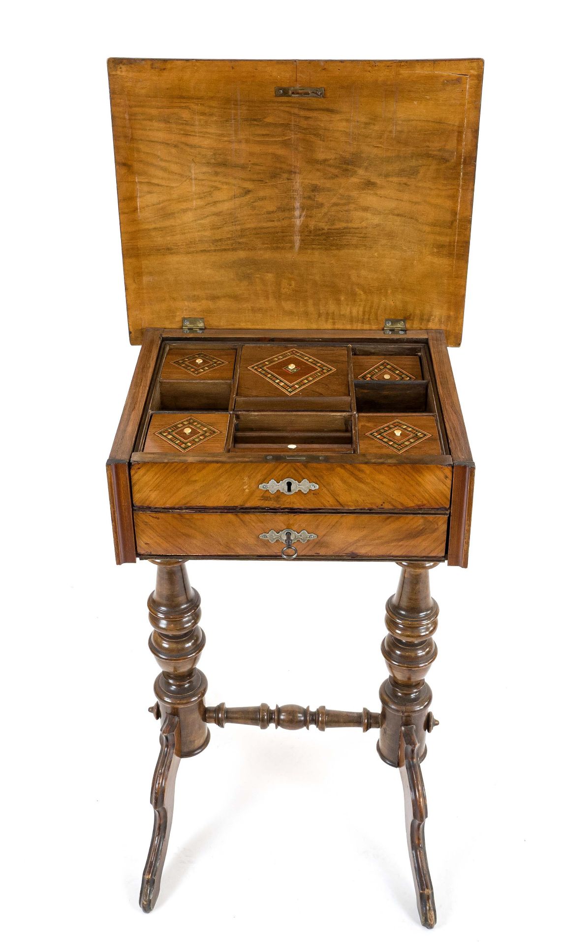 Handcrafted/sewing table, circa 1880, walnut, frame with drawer and hinged lid, various lidded and - Image 2 of 3