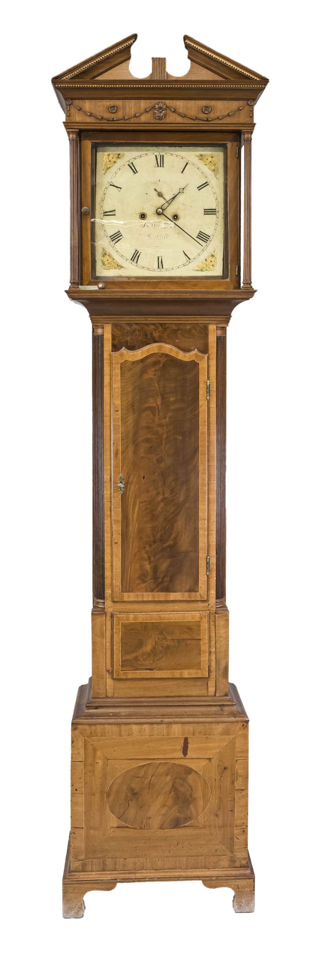 An English longcase clock, circa 1800, indistinctly inscribed on the dial, mahogany veneer with