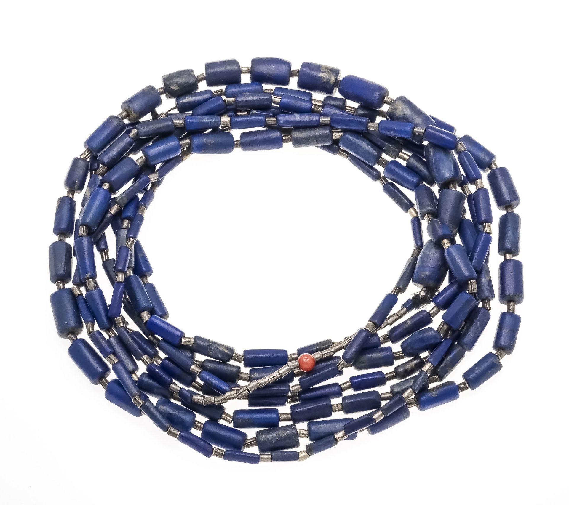 Very long endless lapis lazuli necklace made of barrel-shaped lapis lazuli elements 16 - 3 mm and