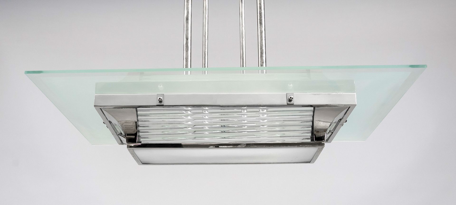 Art deco style ceiling lamp, 20th century, chrome-plated frame with horizontal glass rods, applied