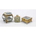 2 lidded jars with glass inserts and a perfume bottle, 19th century Jars with brass bronze frame,