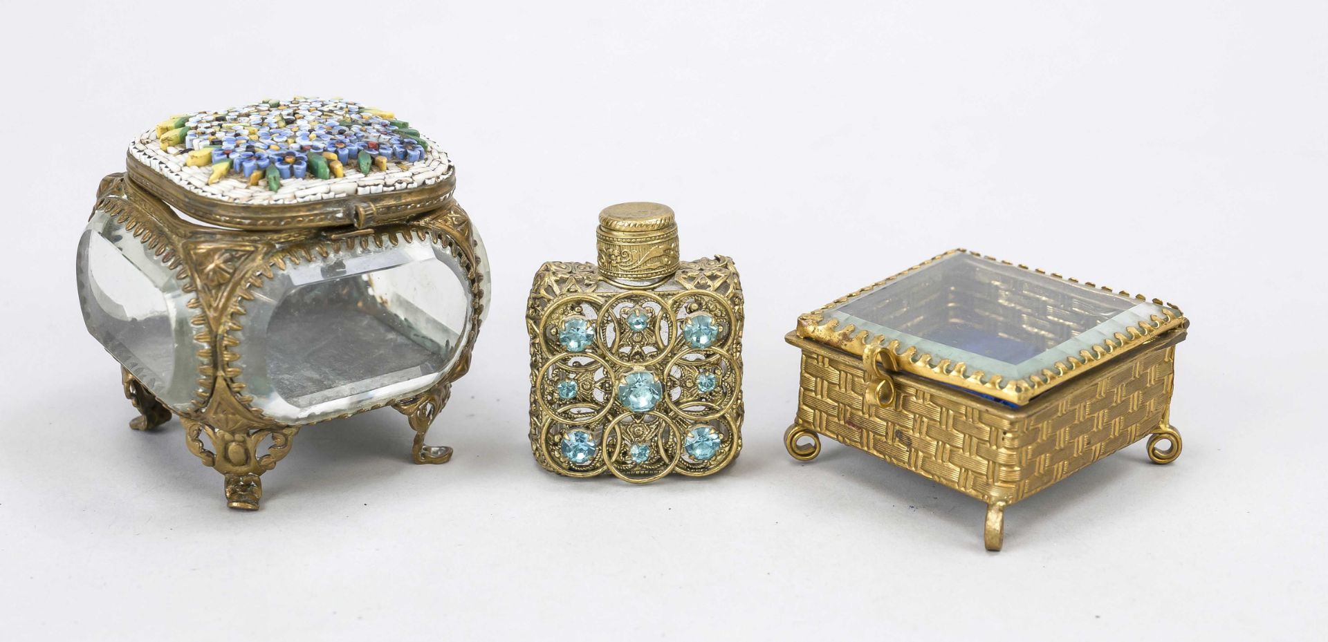 2 lidded jars with glass inserts and a perfume bottle, 19th century Jars with brass bronze frame,