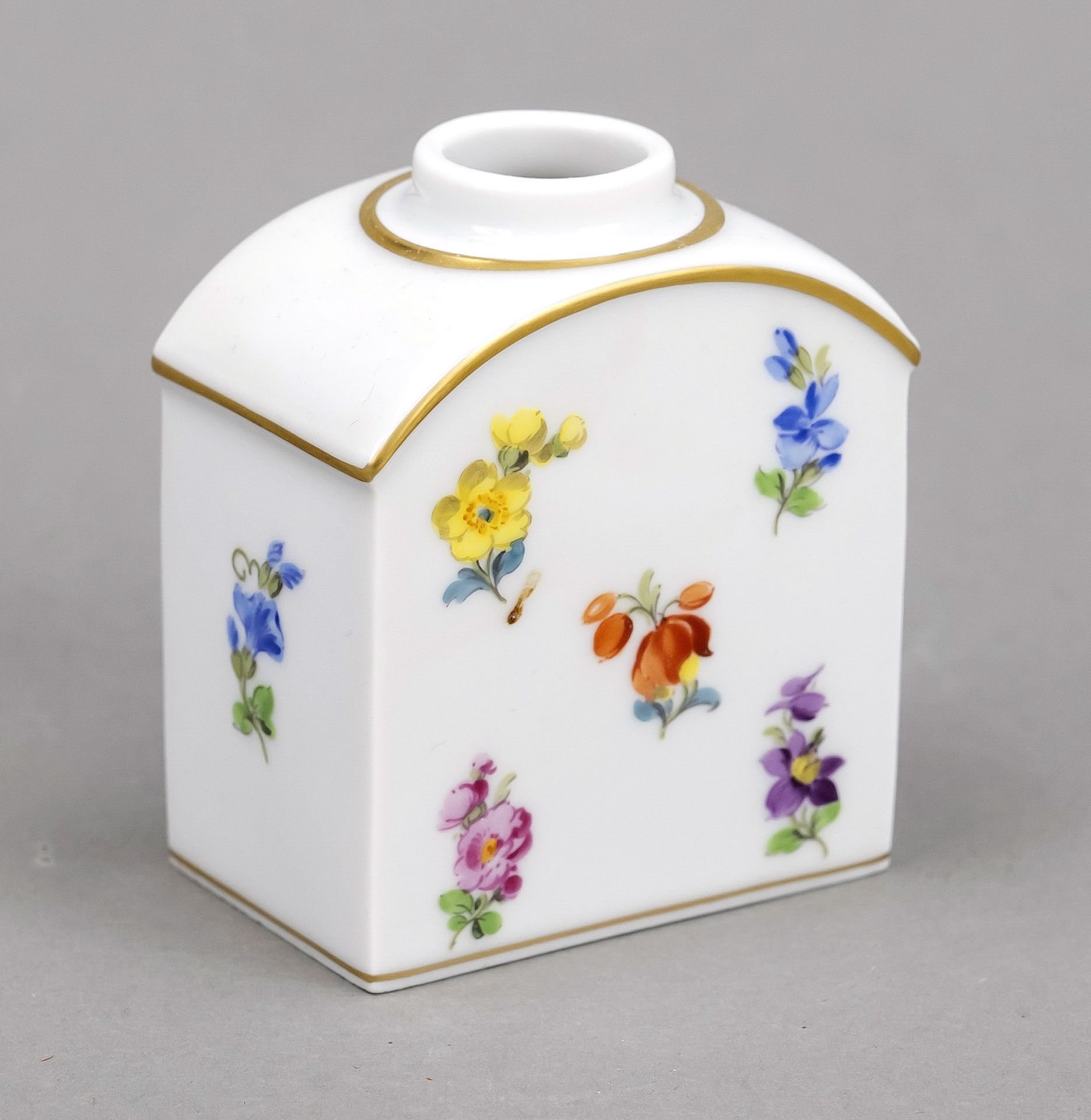 Small tea caddy, Meissen, c. 1980, 2nd century, curved shoulder, missing lid, polychrome painting - Image 2 of 2