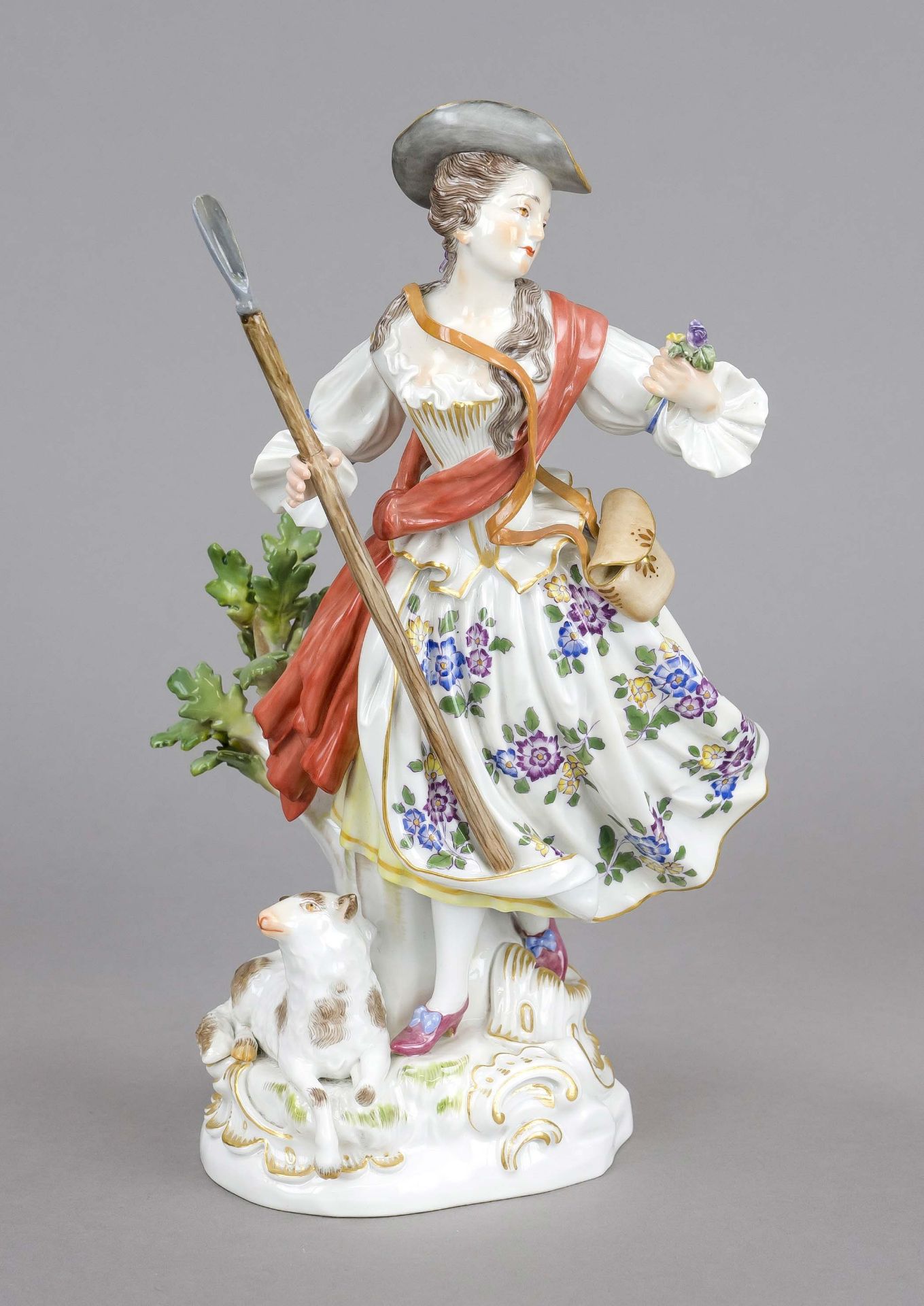 Shepherdess with staff, Meissen, after 1973, 2nd choice, model no. 61076, designed by Johann Joachim