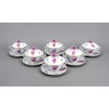 Six soup bowls with lids and saucers, Herend, 2nd half 20th century, Ozier form, floral painting
