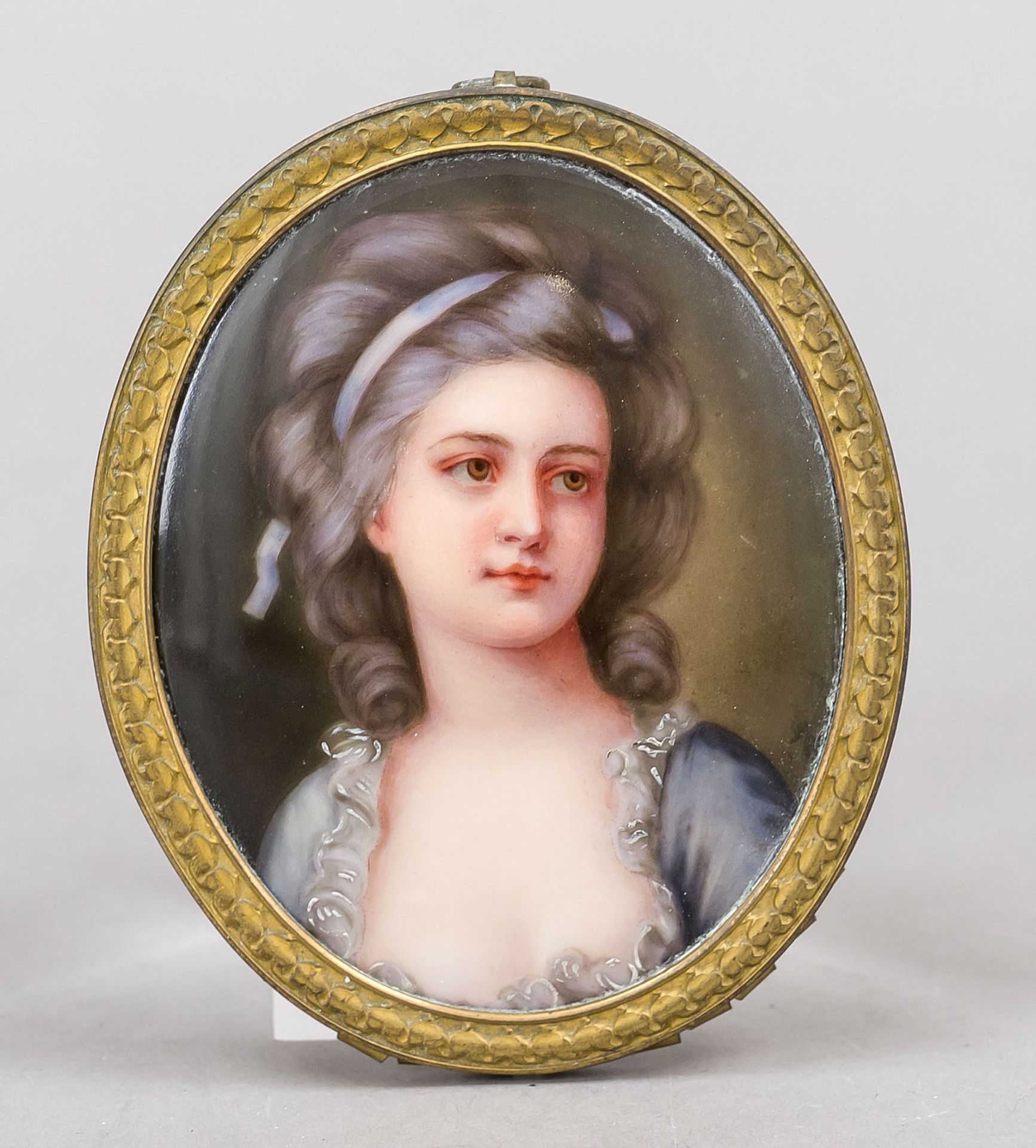 Miniature, probably 20th century, polychrome painting on porcelain, oval portrait of Countess