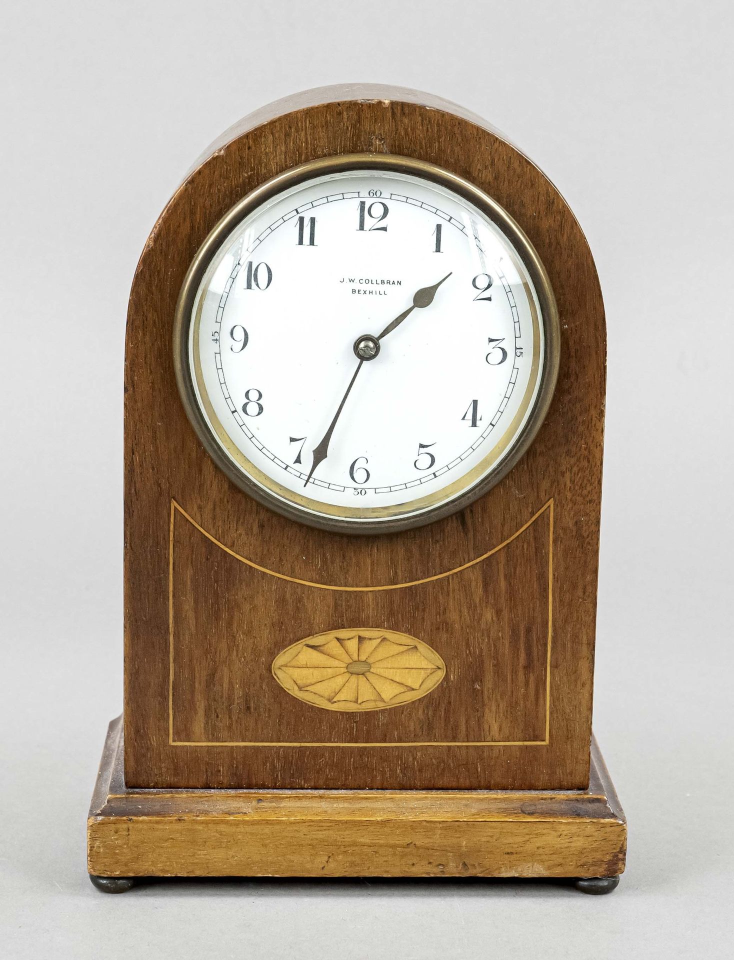 English table clock, mahogany wood, marked J.W. Collbran - Bexhill, circa 1900, round head, base