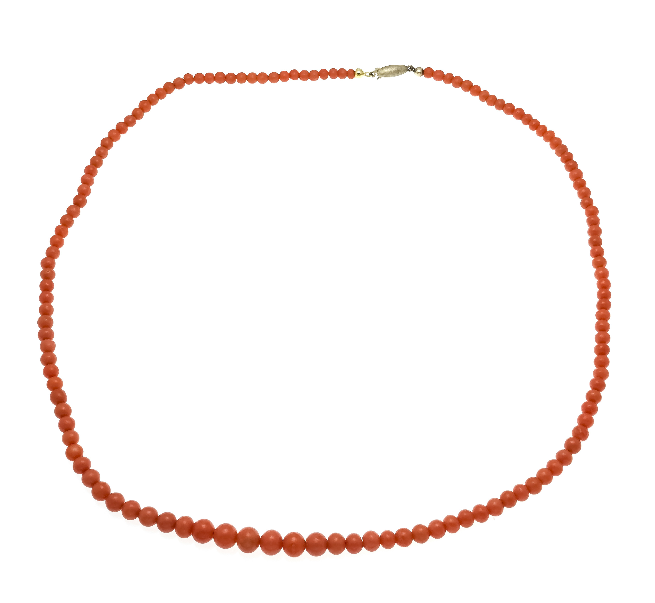 Coral necklace with pin clasp silver 925/000 matte gold-plated, strand of coral beads 8.3 x 4.5 mm