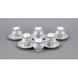 Six bouillon cups / cream cups with lids and 5 saucers, Rörstrand, Sweden. 20th century, decorated