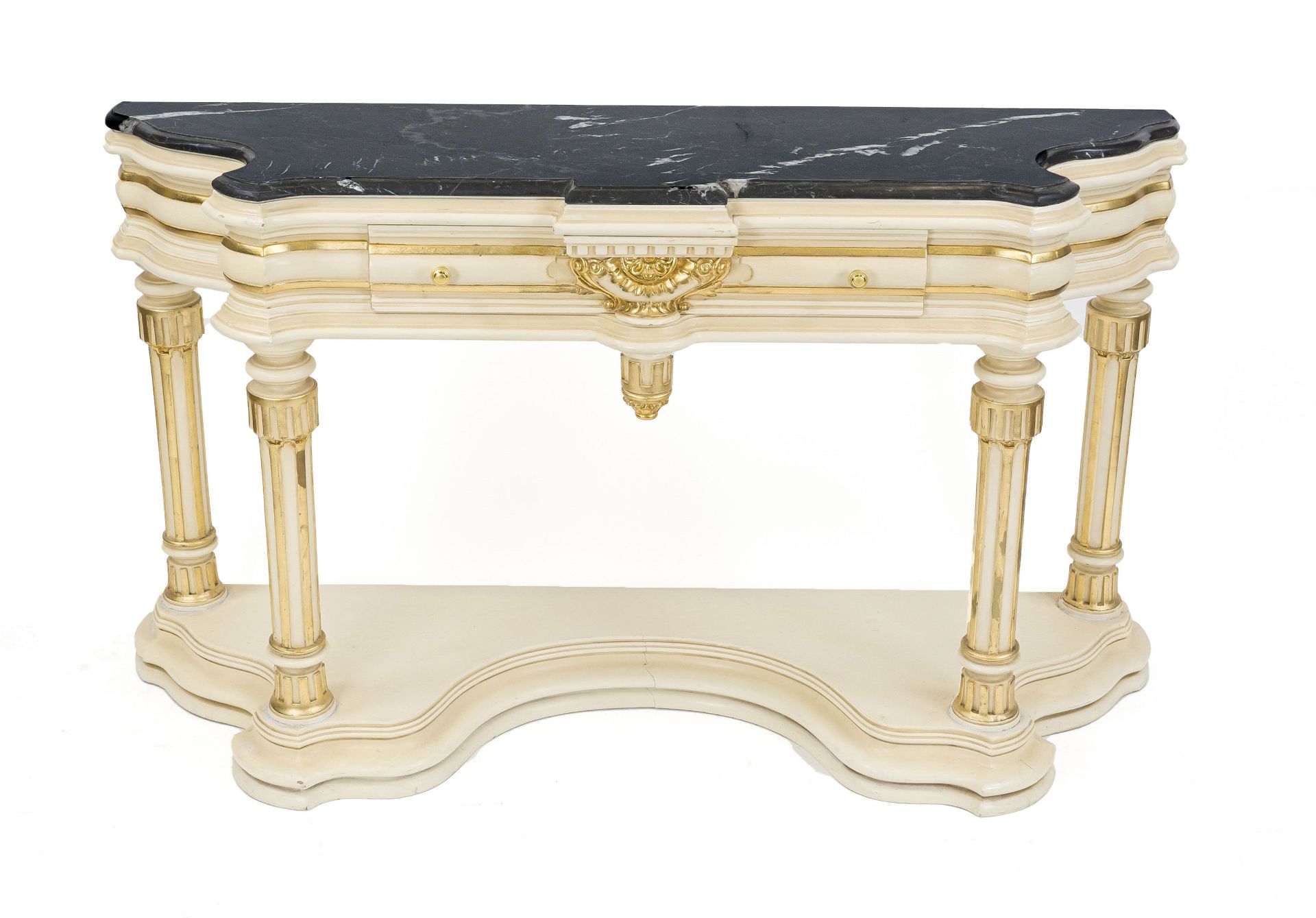 Console in Louis-Seize style, 20th century, wood carved, painted and partly gilded, standing on four