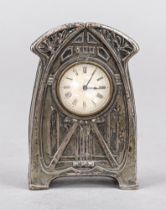 Art Nouveau table clock, c. 1920, with contemporary ornamentation, silvered, indistinct hallmark,