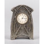 Art Nouveau table clock, c. 1920, with contemporary ornamentation, silvered, indistinct hallmark,