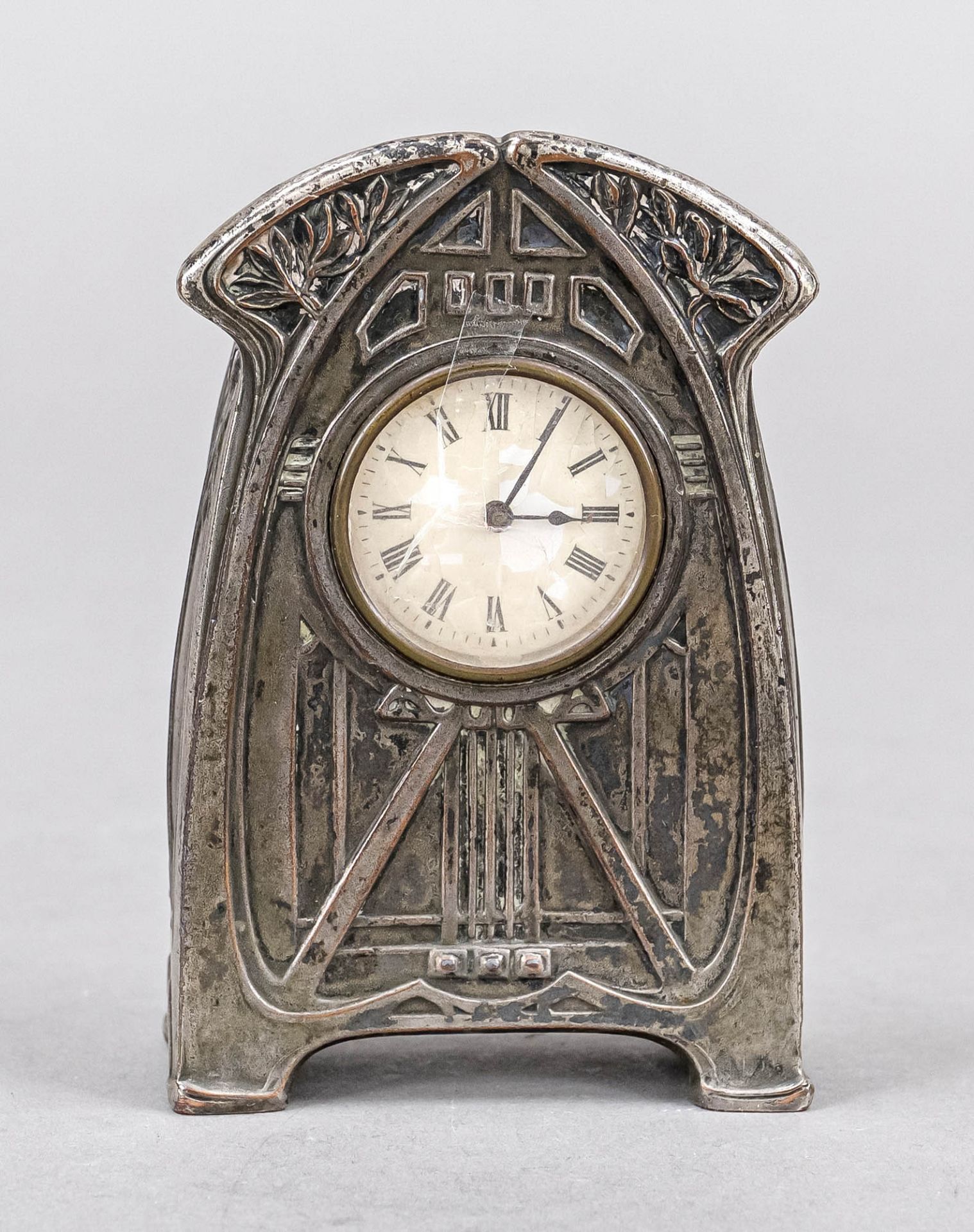 Art Nouveau table clock, c. 1920, with contemporary ornamentation, silvered, indistinct hallmark,
