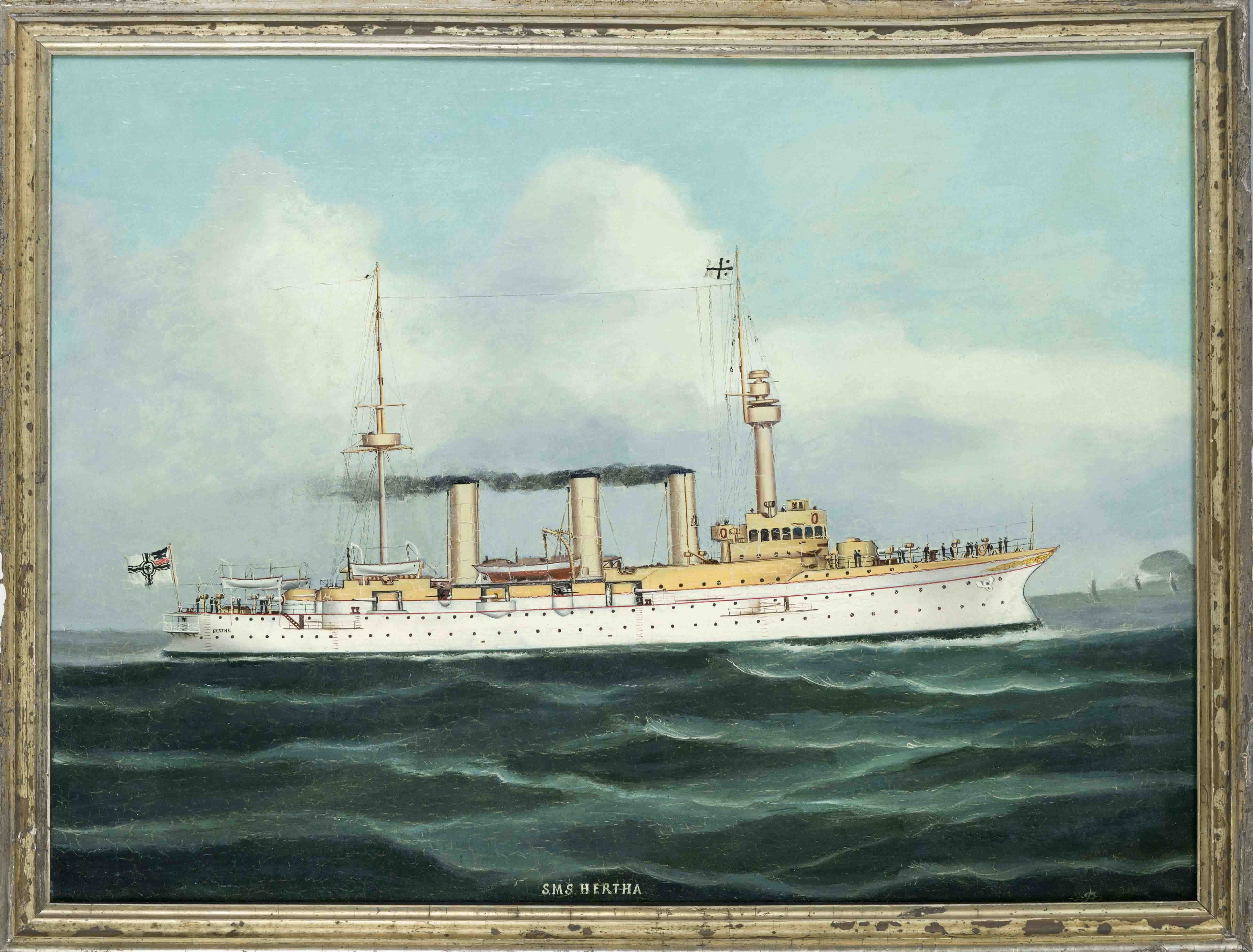 Anonymous marine painter, c. 1900, captain's portrait of the armored deck cruiser SMS Hertha under