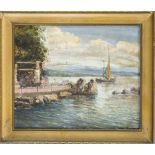 Unidentified artist late 19th century, lakeside scene in a southern landscape, oil on canvas over