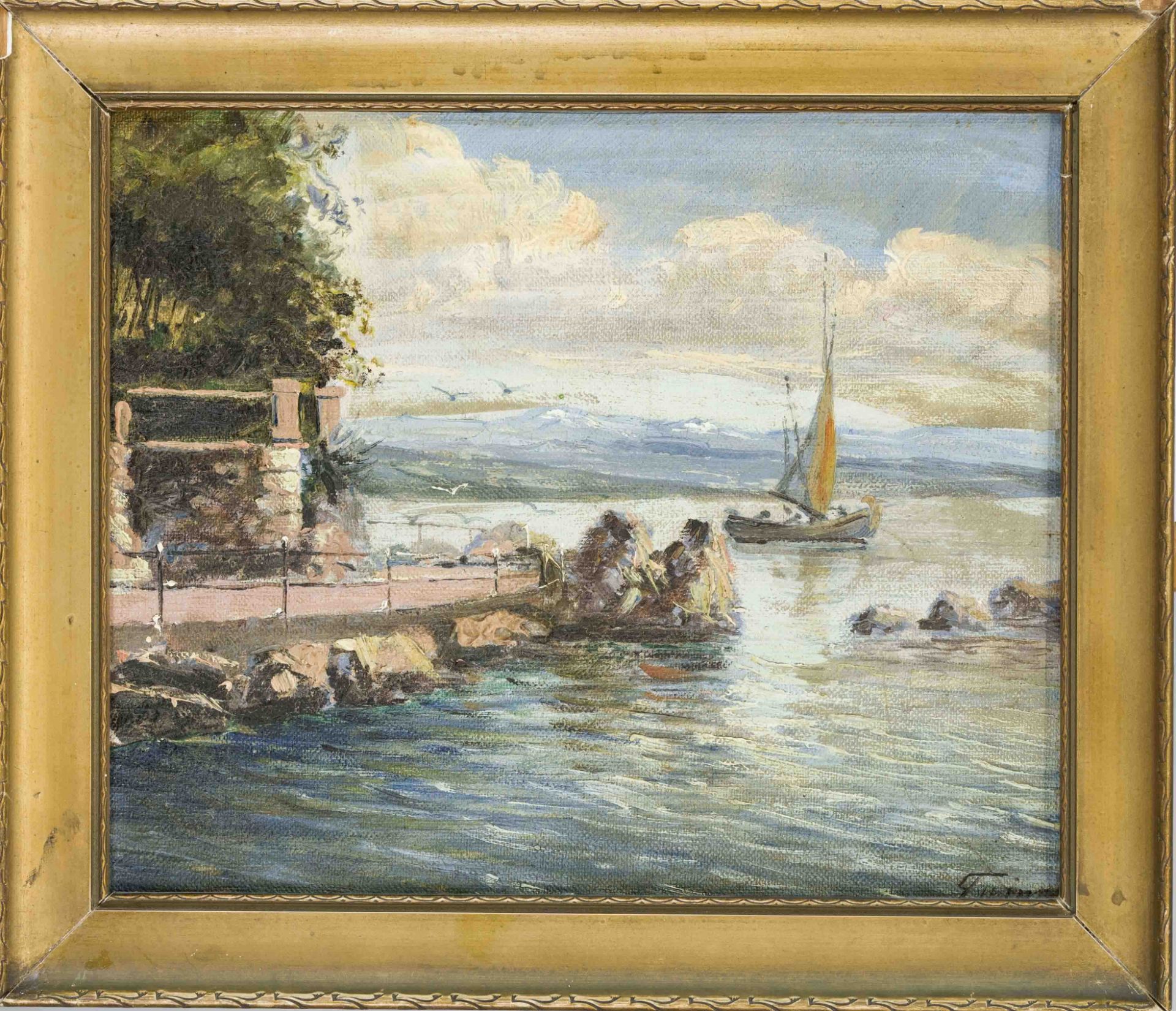 Unidentified artist late 19th century, lakeside scene in a southern landscape, oil on canvas over