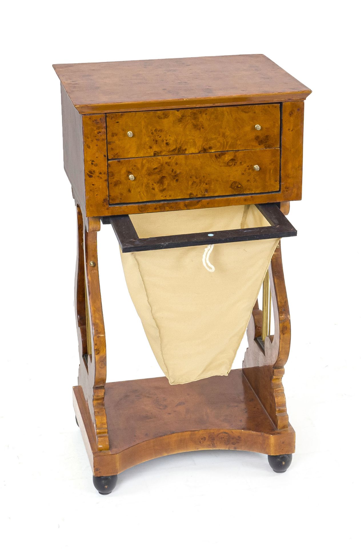Biedermeier-style sewing table, 20th century, burlwood veneer, lyre-shaped sides, with wool - Image 2 of 3