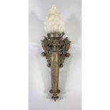 Wall lamp, 20th century, white metal. Open-worked and ornamented wall plinth, with a torch attached.