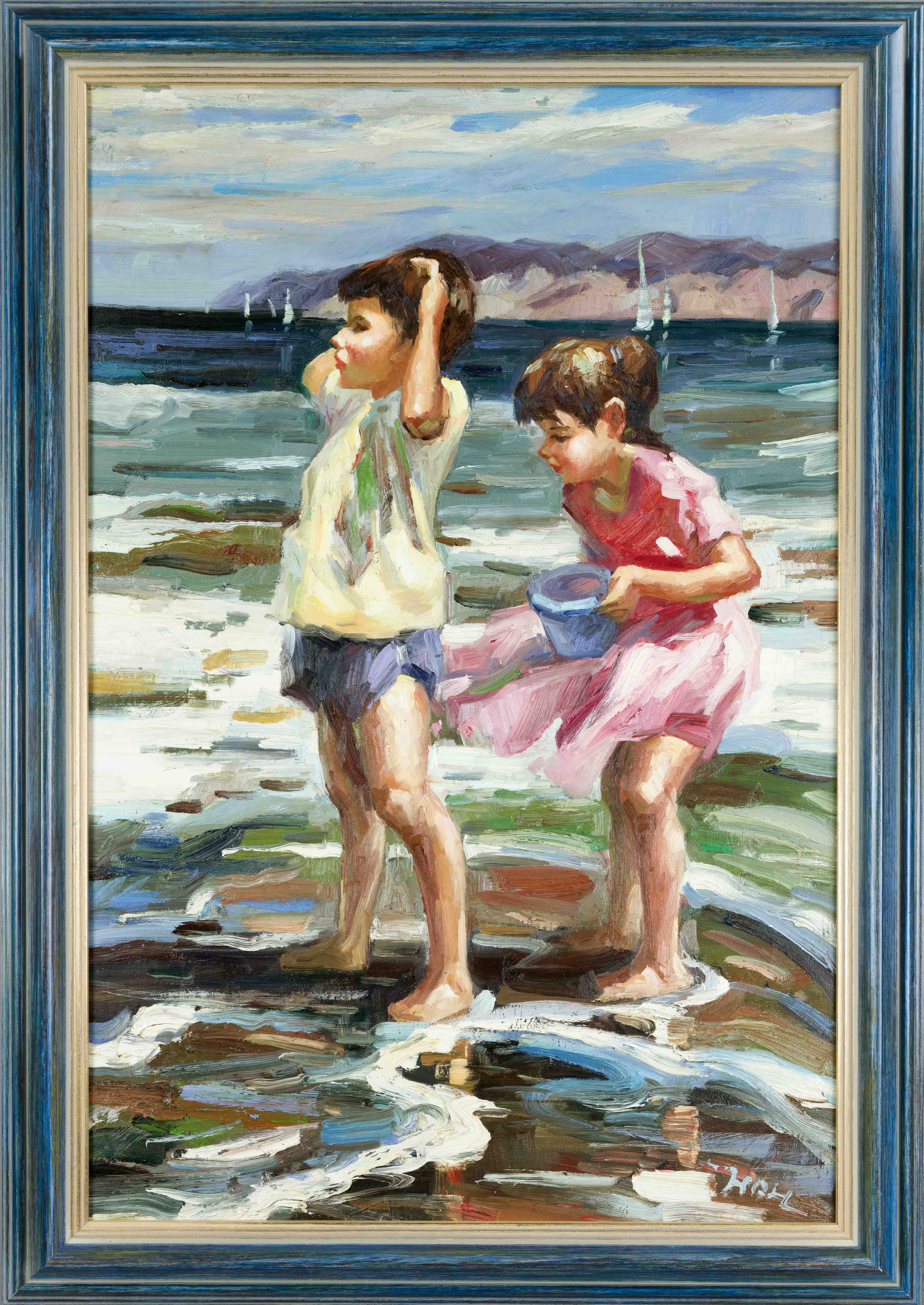 Unidentified artist late 20th century, two children on the beach, impressionistically