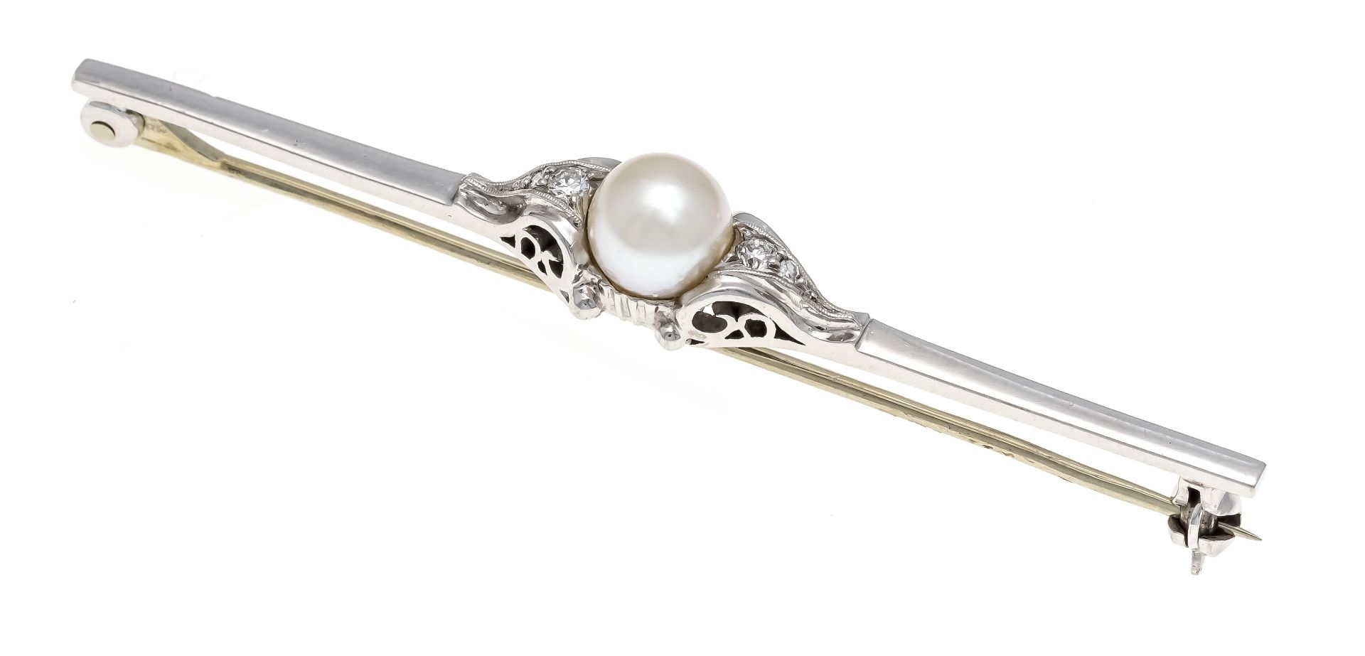 Akoya pearl and brilliant-cut diamond bar brooch WG 585/000 with a cream-white Akoya pearl 6.8 mm