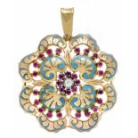 Enamel flower pendant GG 750/000 unmarked, tested, with turquoise enamel, 28 round faceted red and