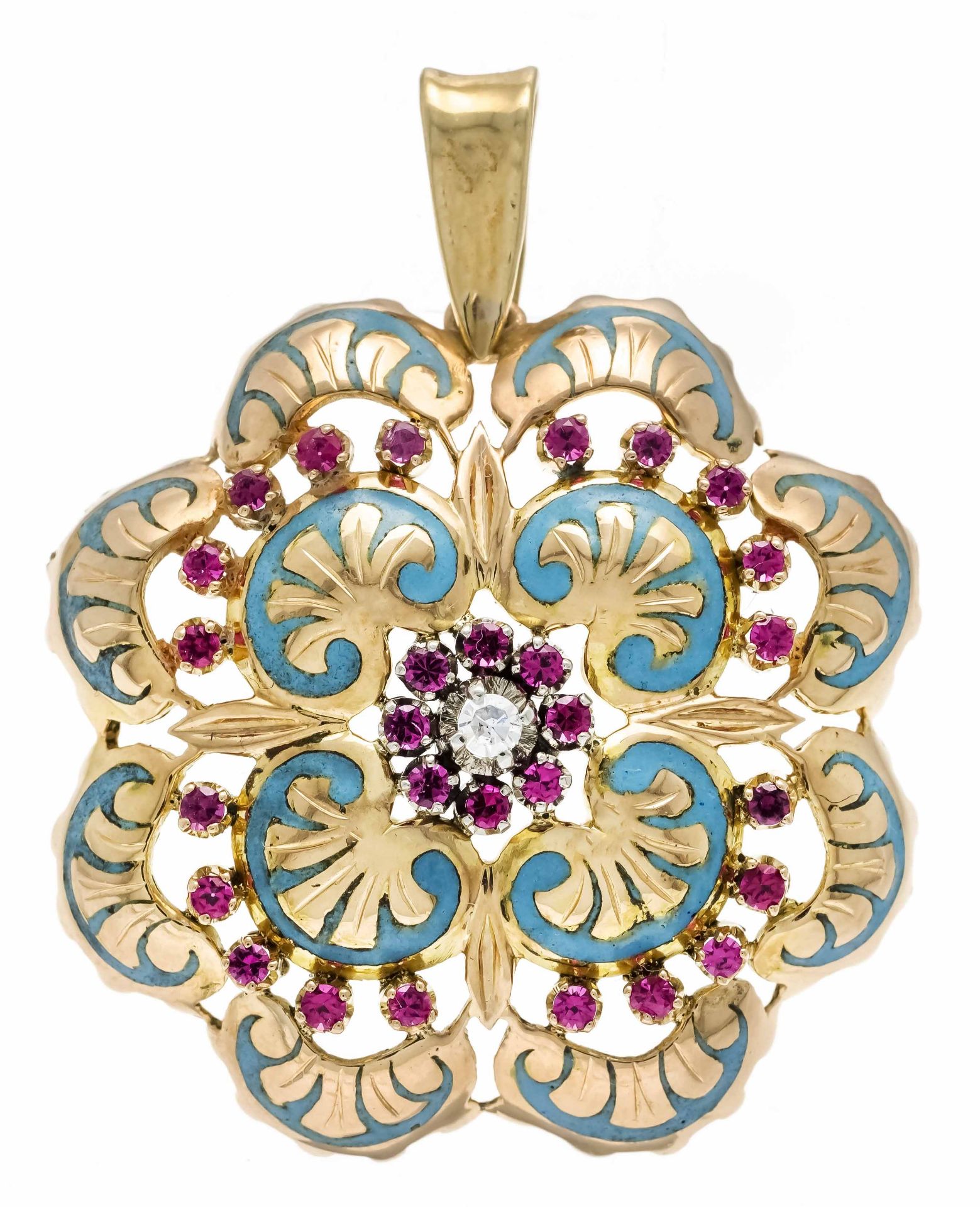 Enamel flower pendant GG 750/000 unmarked, tested, with turquoise enamel, 28 round faceted red and