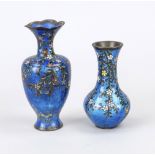 2 small French-style cloisonné vases, probably China, brass body and blue-ground cellular enamel